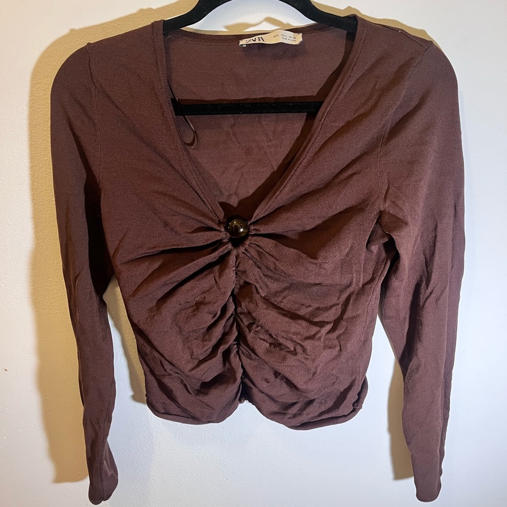 Zara Brown Ruched Long Sleeve Blouse